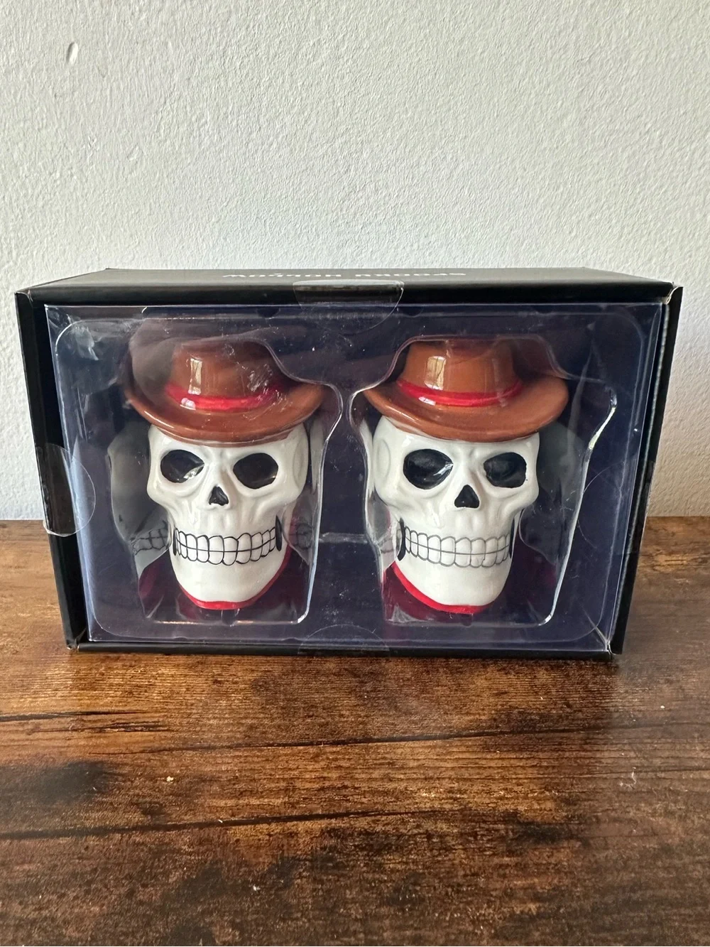 Skulls with Cowboy Hats Salt and Pepper Shaker Set White and Brown NEW in Pkg